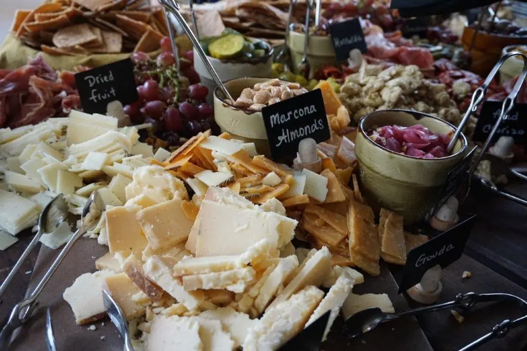 Cheese, veggies, and fruit table